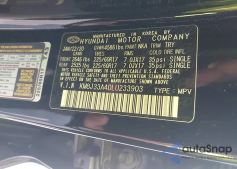 2020 Hyundai Tucson Value z USA, uszkodzony, nr VIN KM8J33A40LU233903